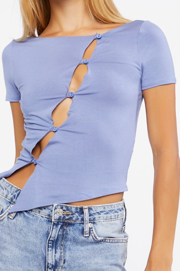 Women Cutout Button-Loop Tee in Blue,  XL FOREVER 21 on sale 2022 7