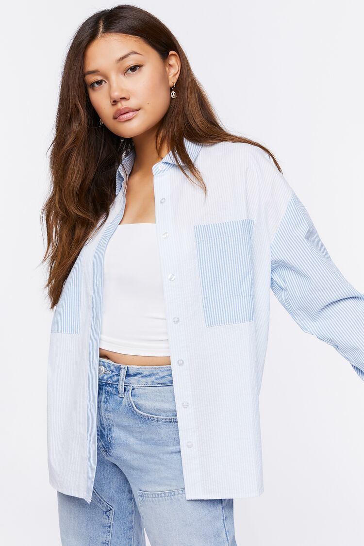 Women Colorblock Pinstriped Shirt in Powder Blue/Marina,  XL FOREVER 21 on sale 2022