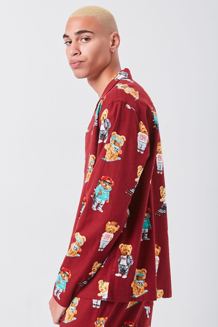 Men Teddy Bear Print Pajama Shirt in Red Medium 21MEN on sale 2022 2