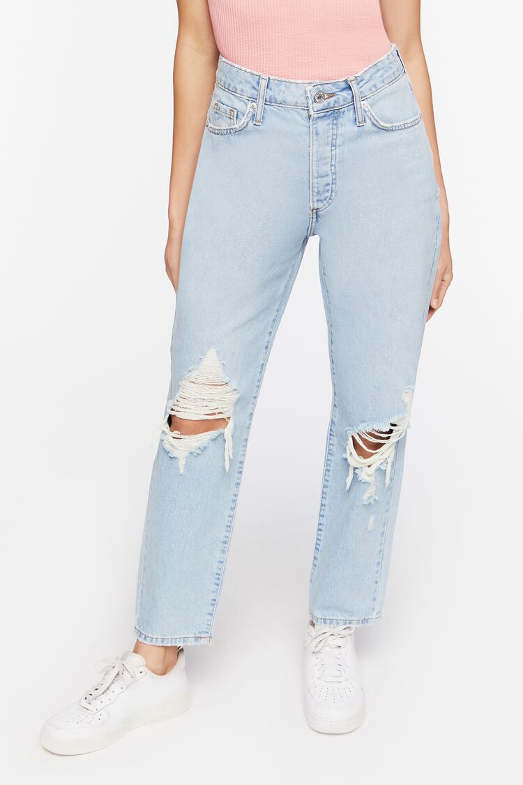 Recycled Cotton Distressed Mom Jeans | Forever 21