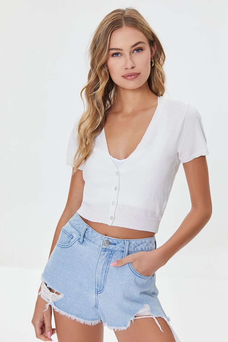 Women Buttoned Sweater-Knit Crop Top in Cream Large FOREVER 21 on sale 2022