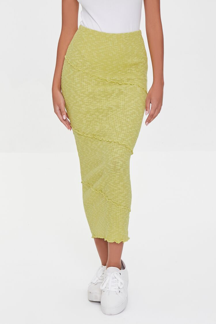 Women’s Ribbed Lettuce-Edge Pencil Skirt in Lime Large Bottoms on sale 2022 2