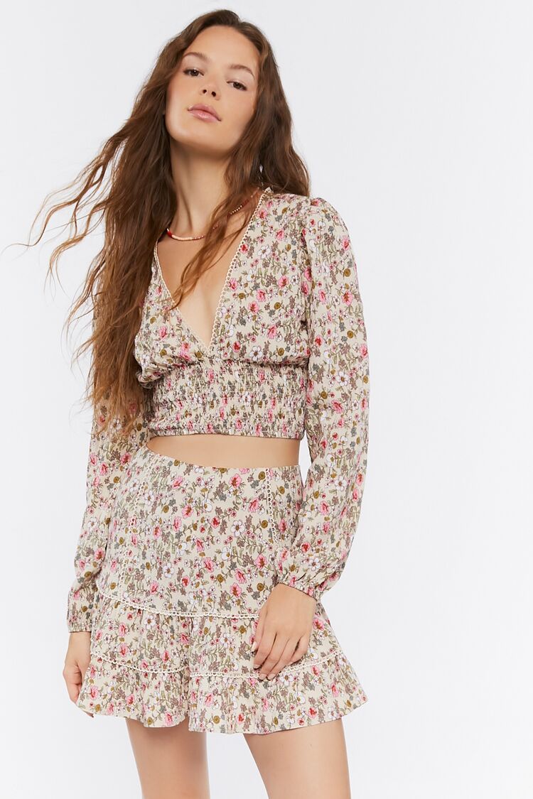 Women Floral Print Crop Top & Mini Skirt Set in Tan,  XS FOREVER 21 on sale 2022