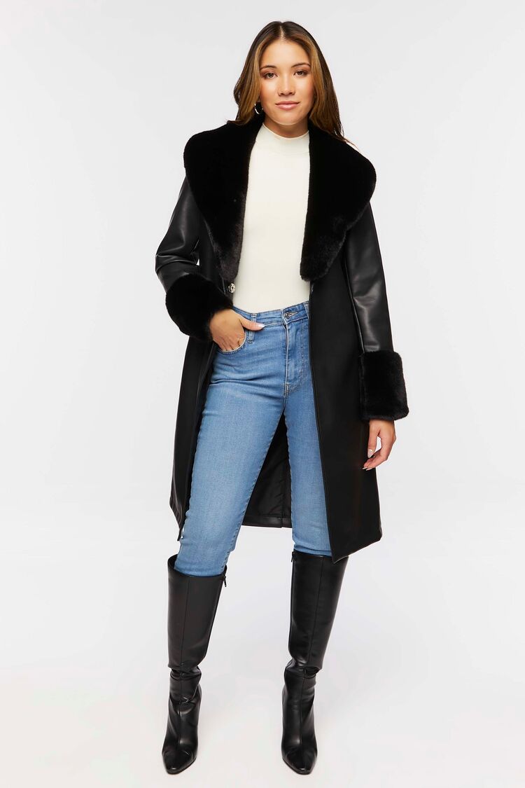 Faux Fur-Trim Faux Leather Coat