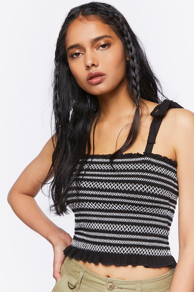 Women Embroidered Tie-Strap Crop Top in Black/White,  XL FOREVER 21 on sale 2022