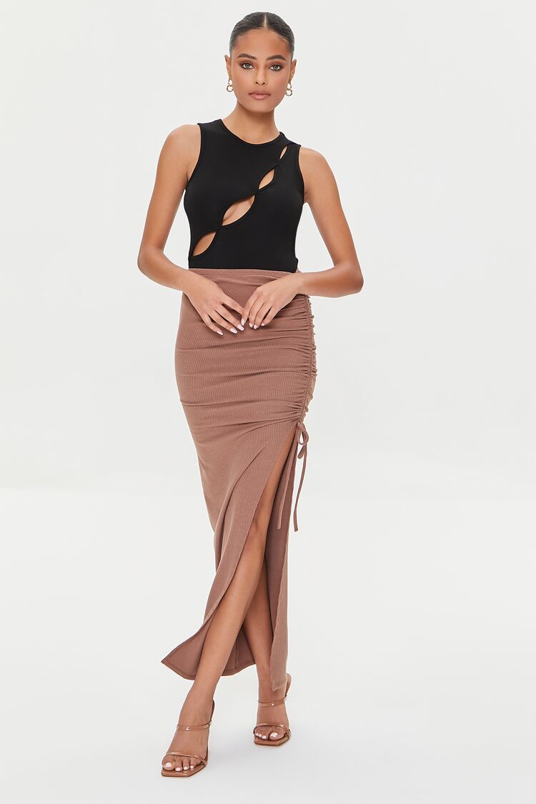 Women Ruched Leg-Slit Maxi Skirt in Cocoa Small

