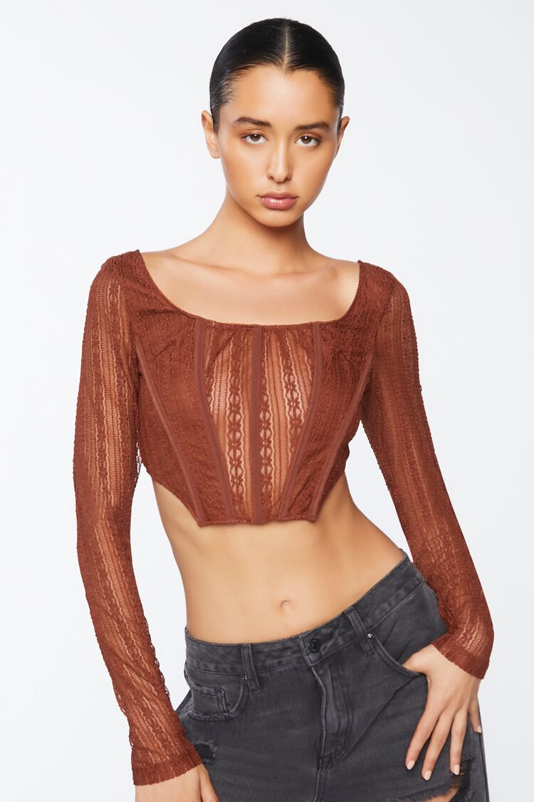 Women’s Crochet Lace Long-Sleeve Crop Top in Brown Medium Brown on sale 2022