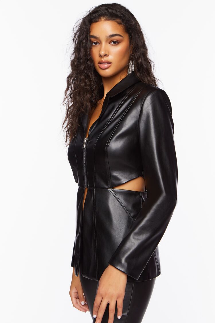 Women’s Faux Leather Zip-Front Cutout Blazer in Black Large black on sale 2022 4
