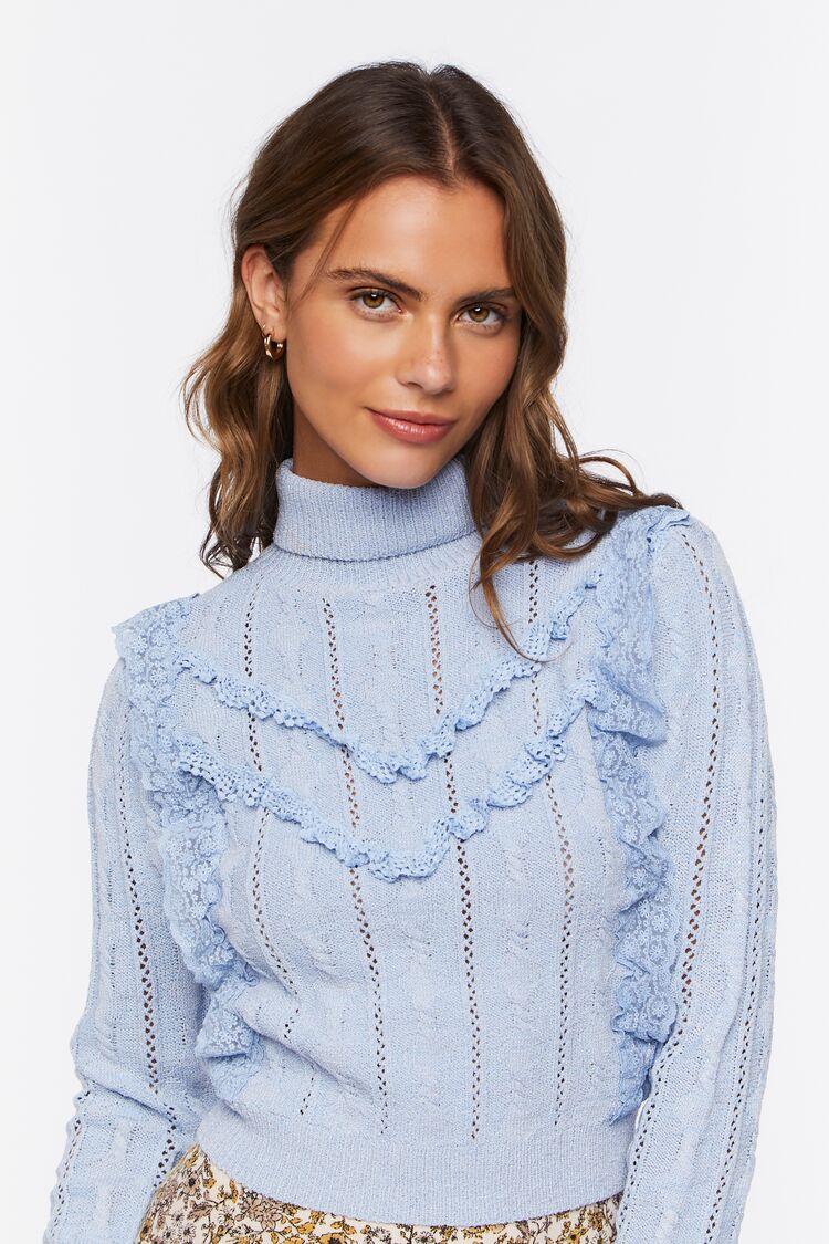 Women’s Cable Knit Turtleneck Sweater in Light Blue Medium Blue on sale 2022