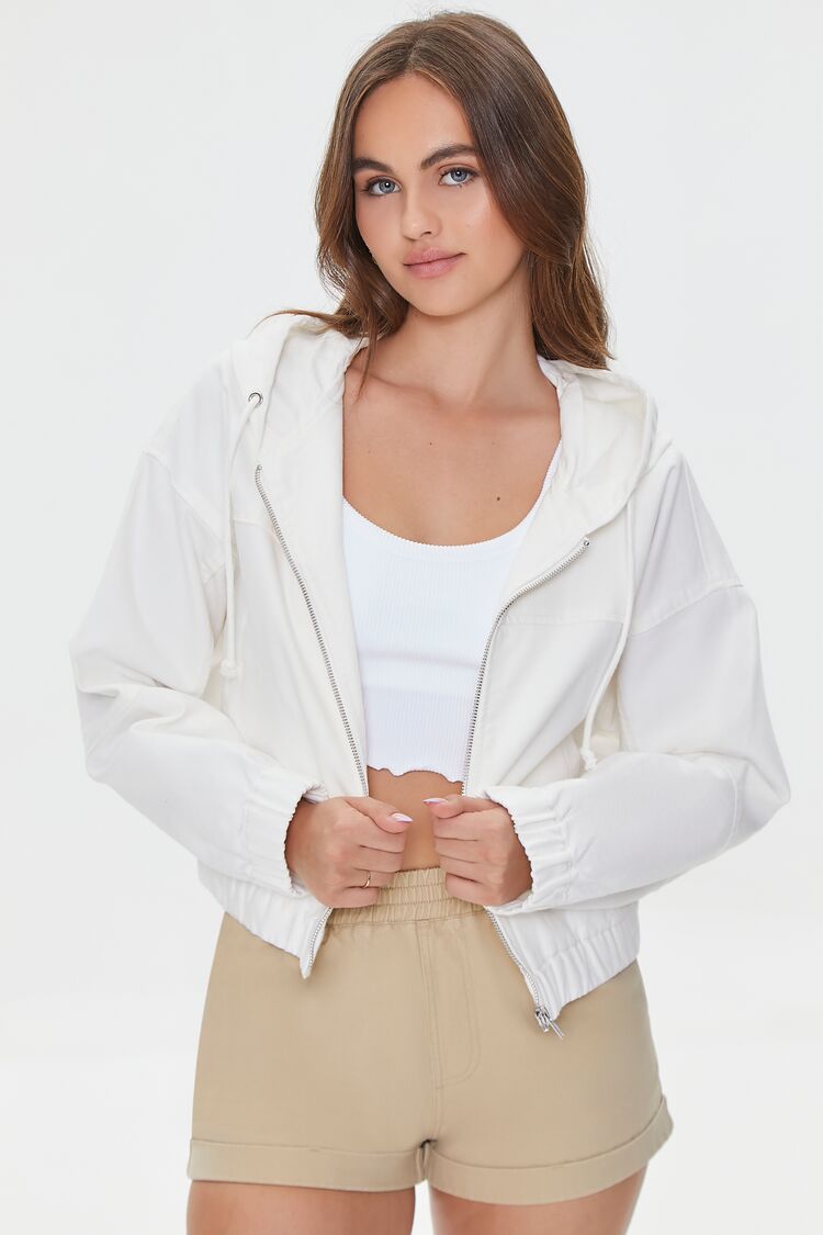 Women's Canvas Zip-Up Hooded Jacket in Cream,  XL
