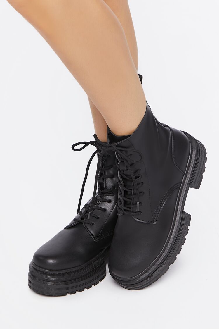 Forever 21 Women's Faux Leather/Pleather Combat Boots in Black/Black, 7 | F21