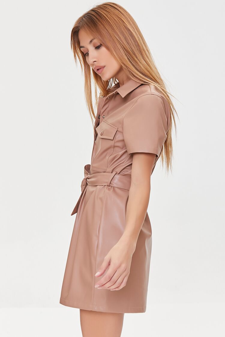 Women Faux Leather Shirt Dress in Taupe Large FOREVER 21 on sale 2022 2