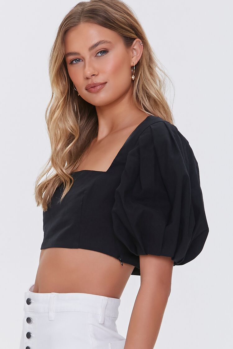 Women Balloon-Sleeve Crop Top in Black Large FOREVER 21 on sale 2022 4