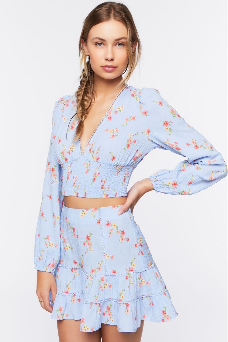 Women Floral Print Crop Top & Mini Skirt Set in Blue,  XS FOREVER 21 on sale 2022