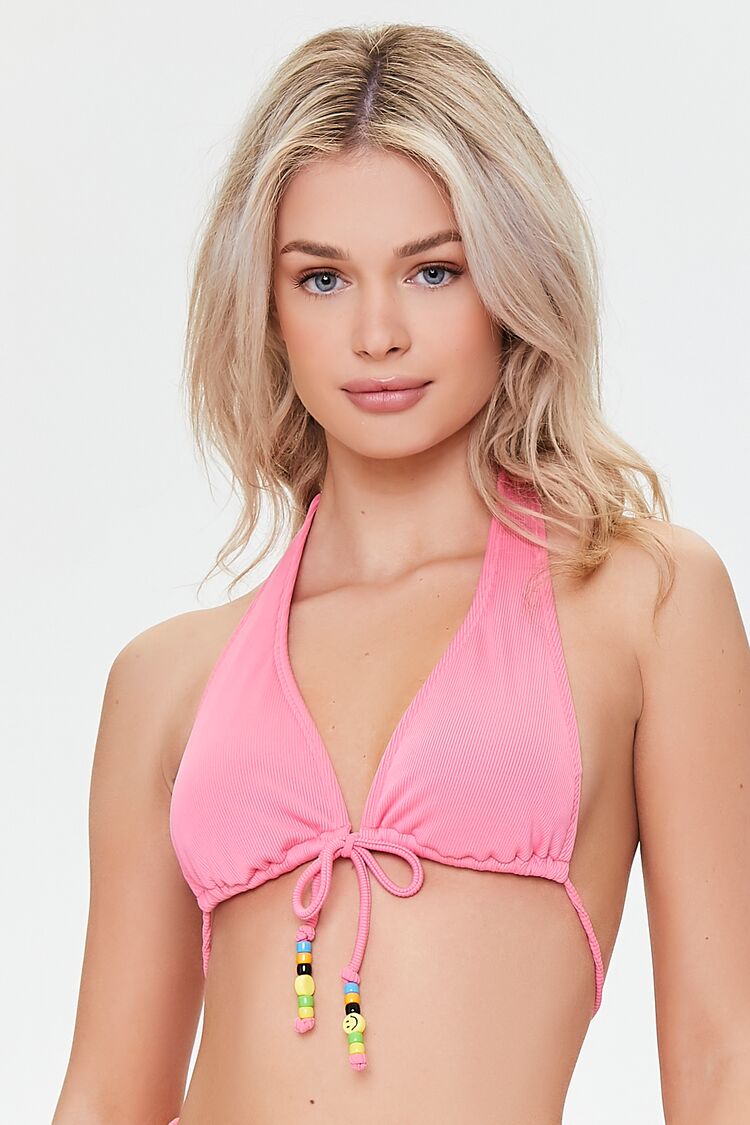 Women's Beaded Halter Bikini Top in Super Pink Large
