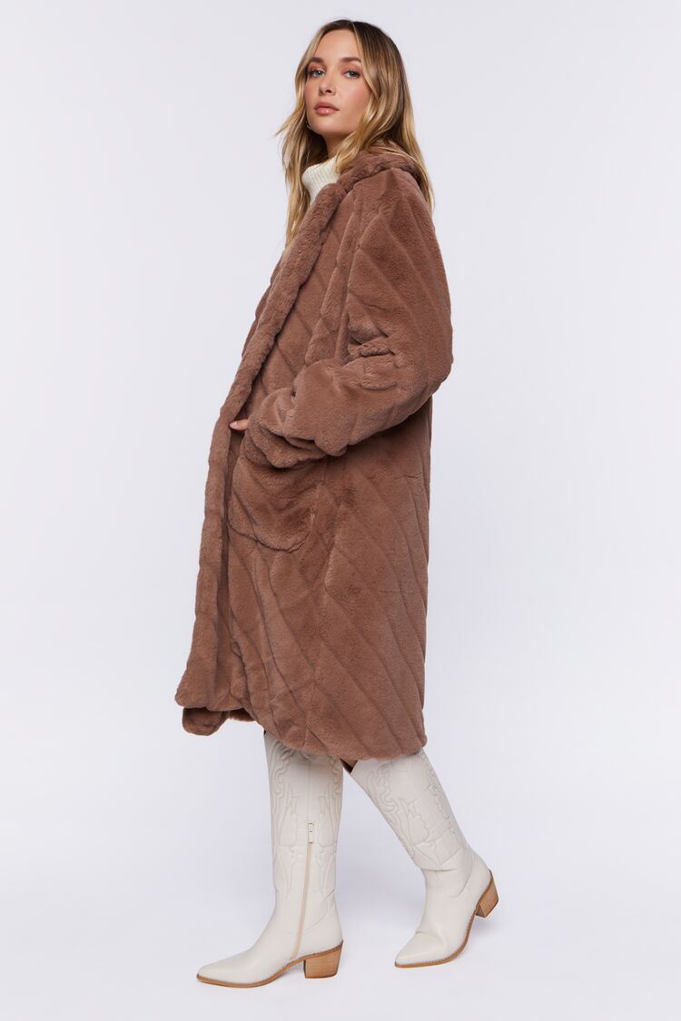 Women’s Faux Fur Chevron Duster Coat in Taupe Large Chevron on sale 2022 4