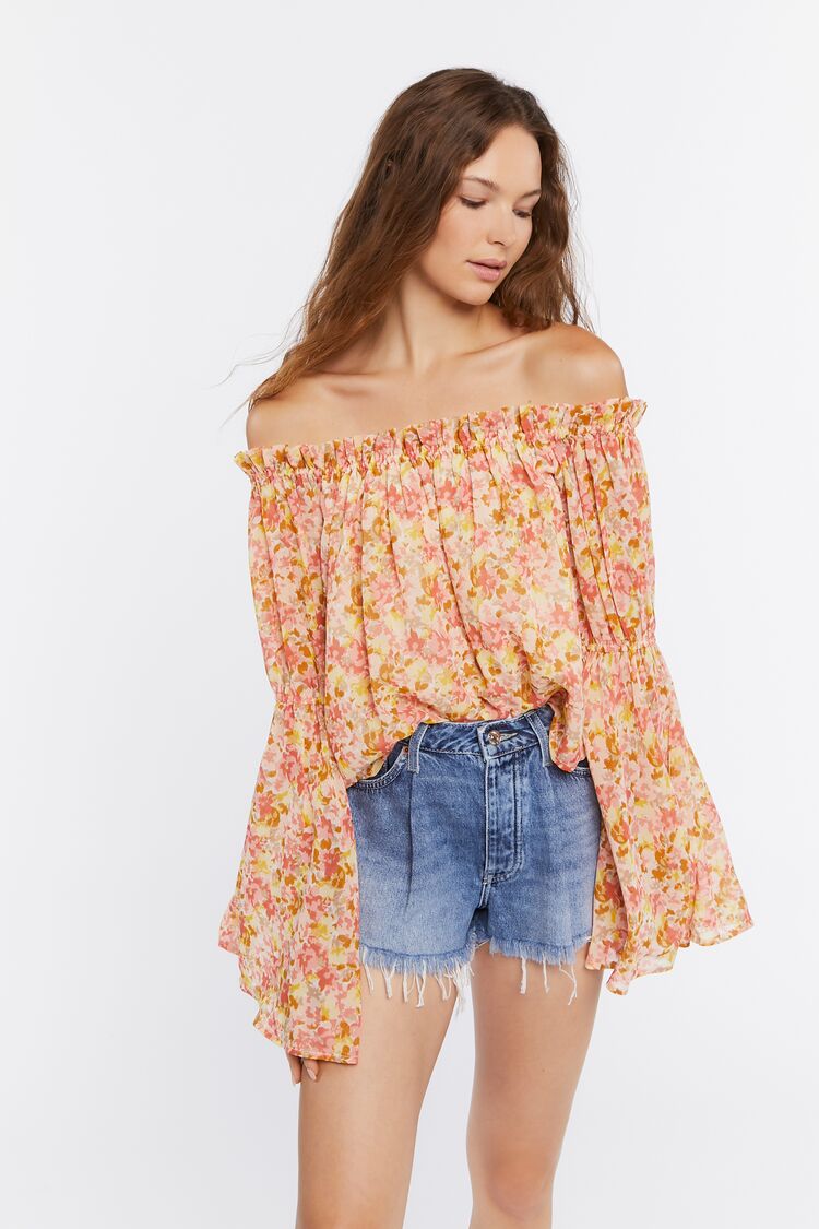 Women Off-the-Shoulder Floral Print Top in Tan,  XS FOREVER 21 on sale 2022