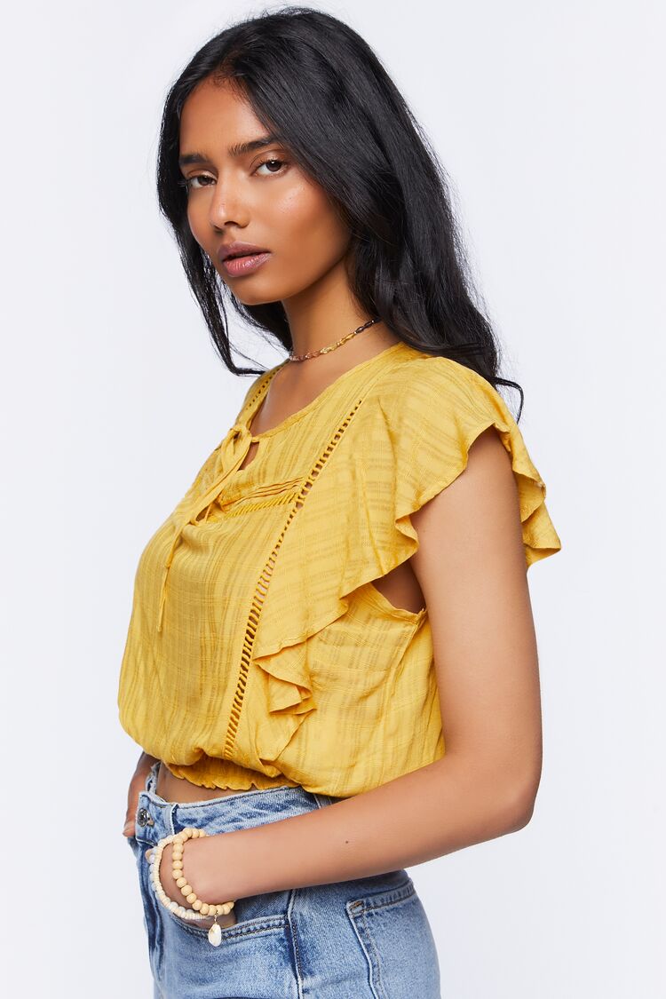 Women Ruffle Ladder-Trim Crop Top in Yellow Gold Large FOREVER 21 on sale 2022 2