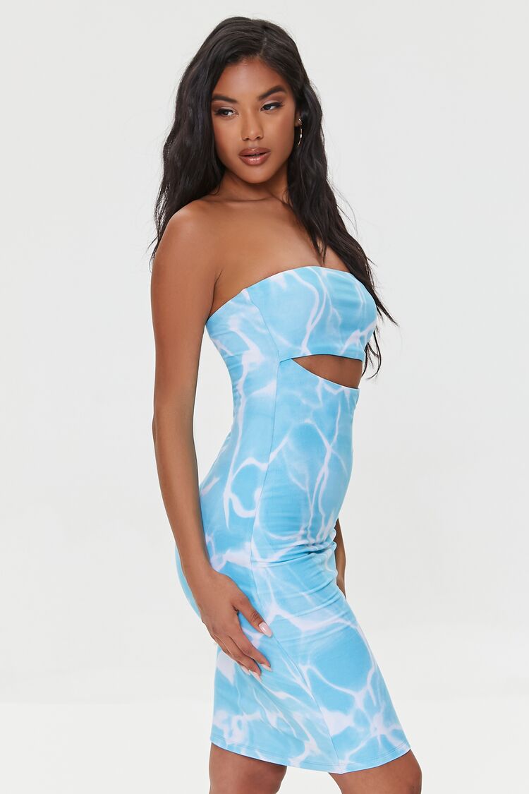 Women Water Print Cutout Tube Dress in Blue,  XL FOREVER 21 on sale 2022 2