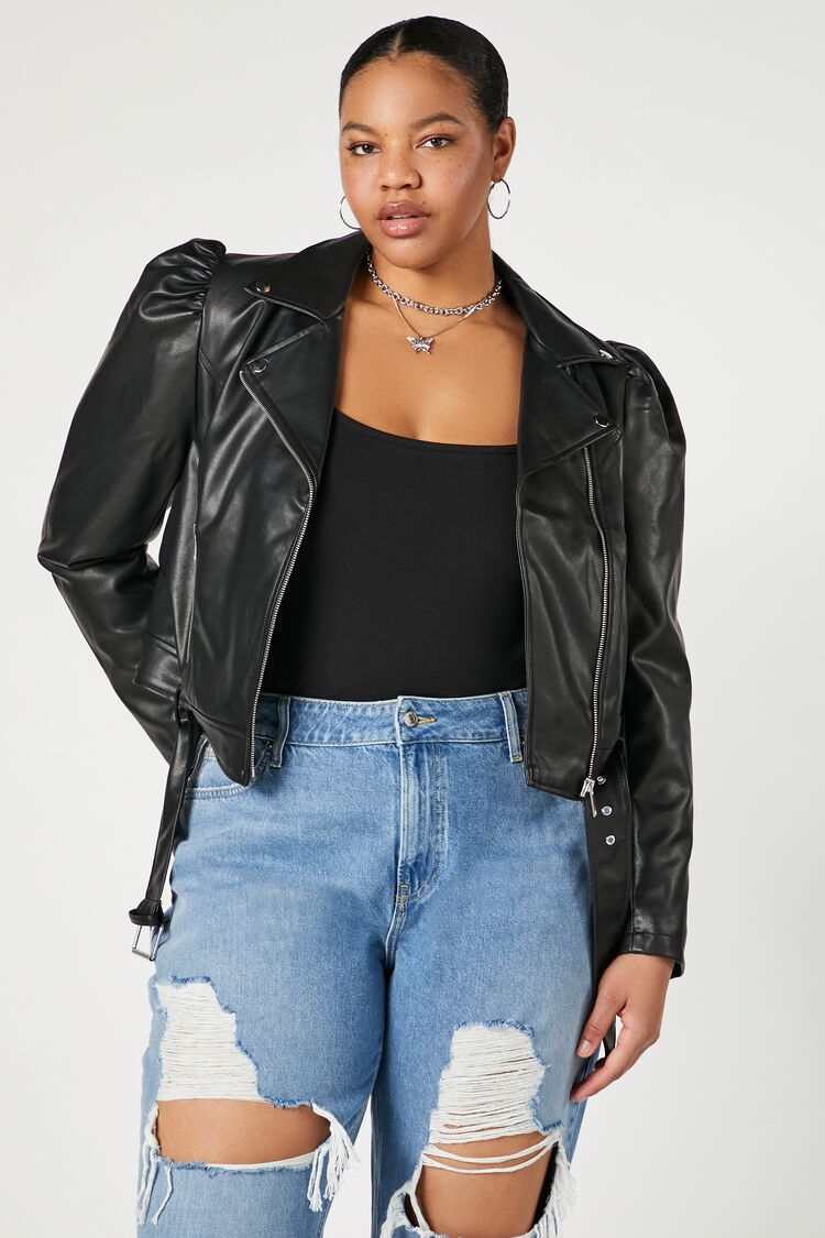 Plus Size Puff-Sleeve Moto Jacket