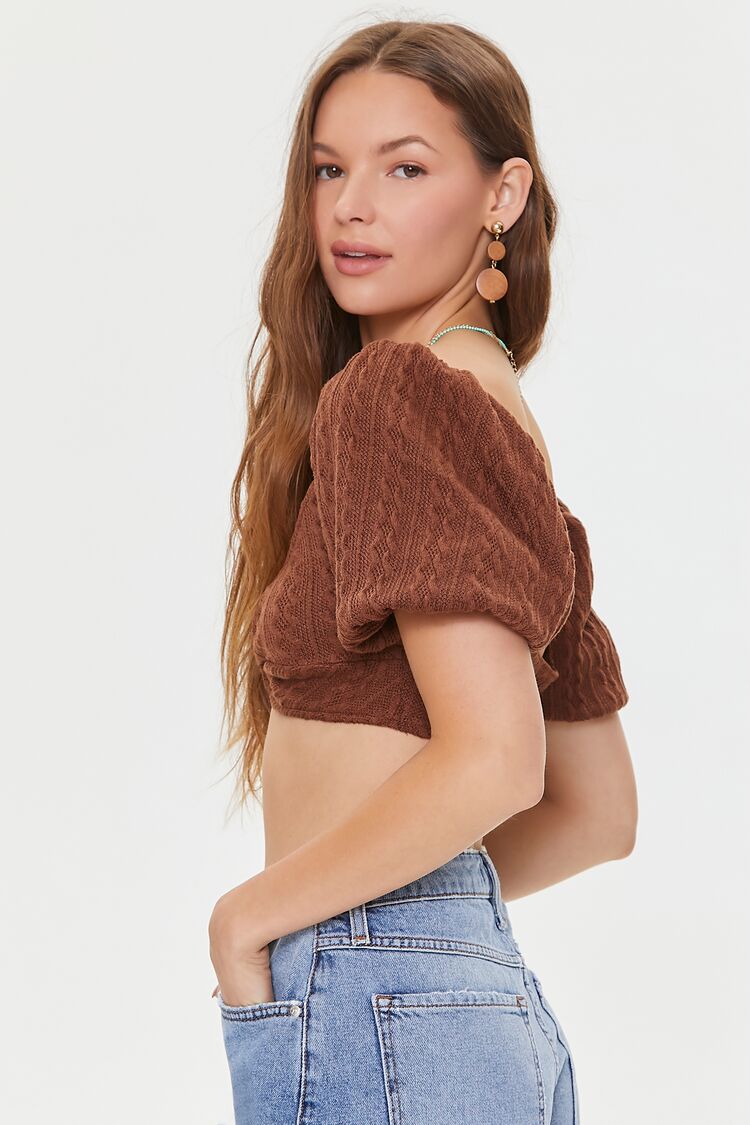 Women Cable Knit Twist-Front Crop Top in Brown Small FOREVER 21 on sale 2022 2