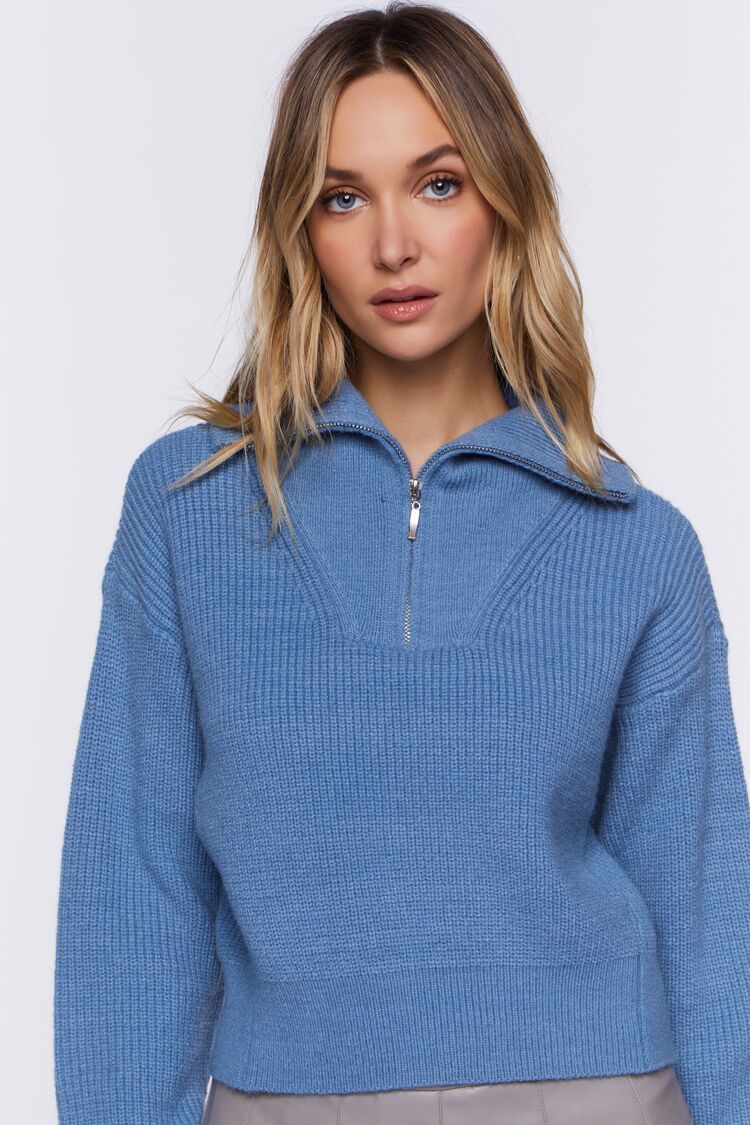 Women’s Half-Zip Ribbed Sweater in Blue Large Blue on sale 2022 3