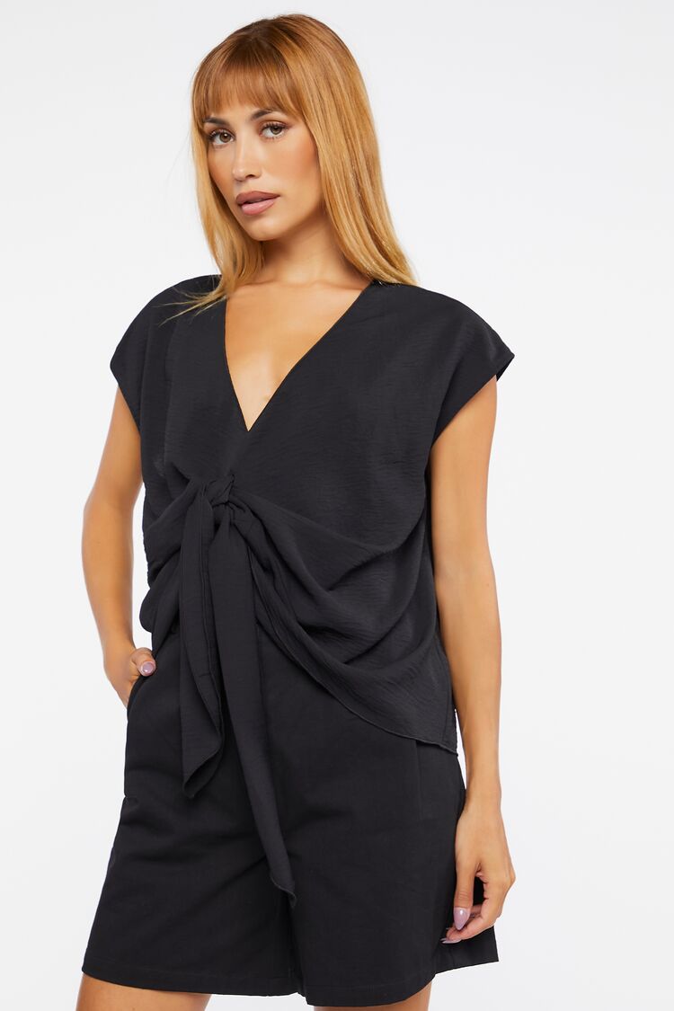 Women Plunging Tie-Front Top in Black,  XL FOREVER 21 on sale 2022