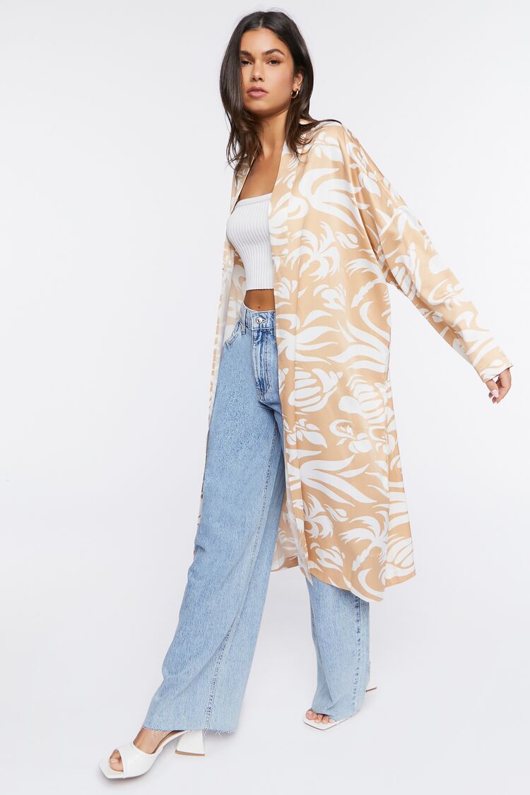 Women Tropical Print Satin Kimono in Cream/Taupe,  XL FOREVER 21 on sale 2022 6