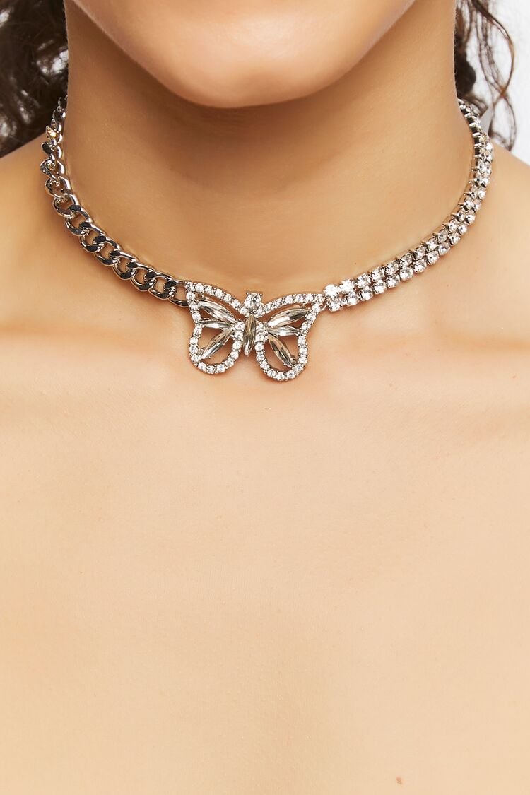 Women’s Butterfly Rhinestone Choker Necklace in Clear/Silver Accessories on sale 2022