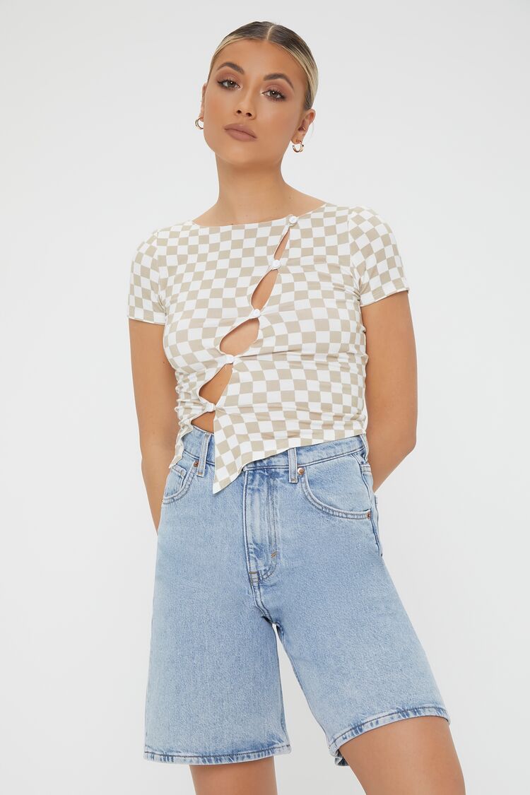 Women Checkered Cutout Buttoned Top in Taupe/Cream,  XL FOREVER 21 on sale 2022 4